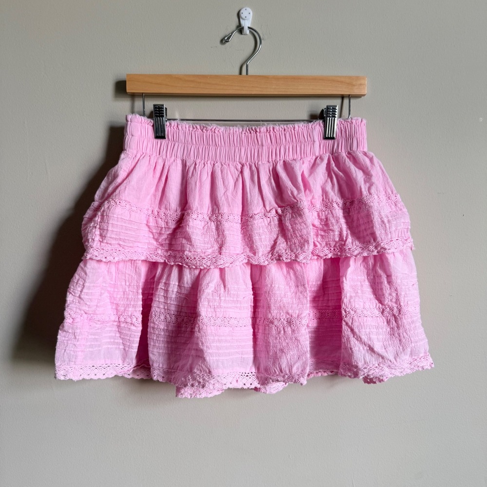 Day + Moon Pink Tiered Mini Skirt Lace Trim Ruffle Smocked Waist Size L NWT